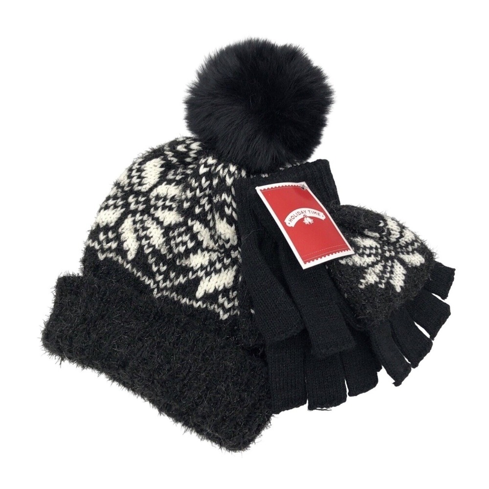 Holiday Time Women's Tinsel Snowflake Hat & Gloves Set – 2-Piece Stylish Winter